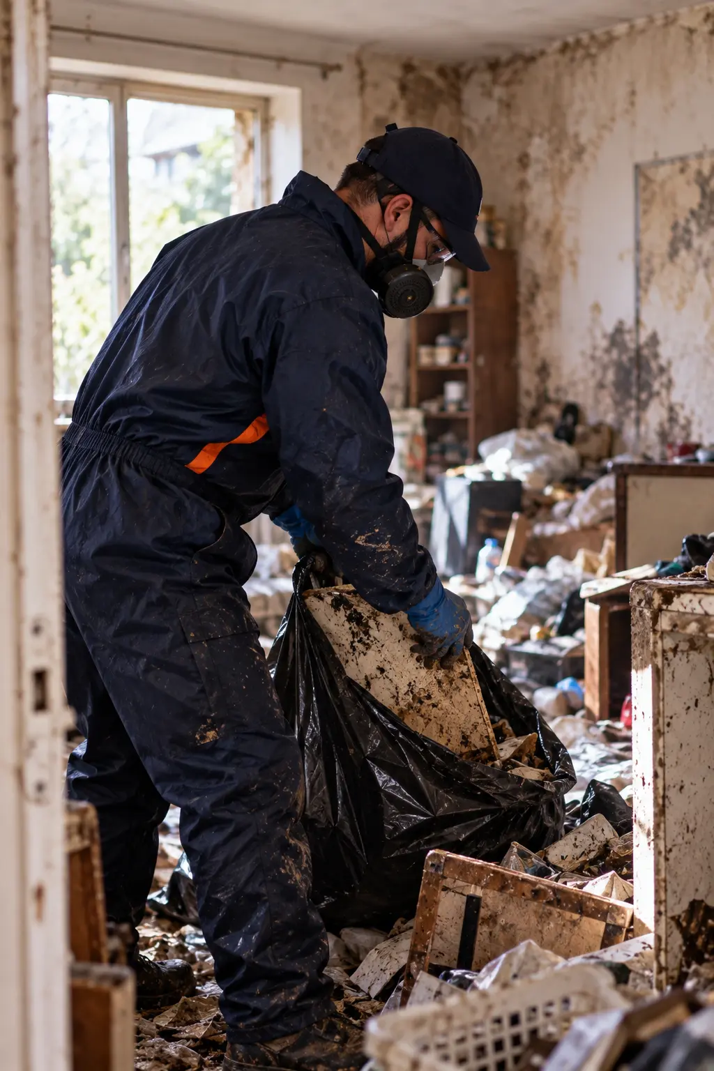Intervenant SOS NET EXTRÊME lors du nettoyage de logement insalubre