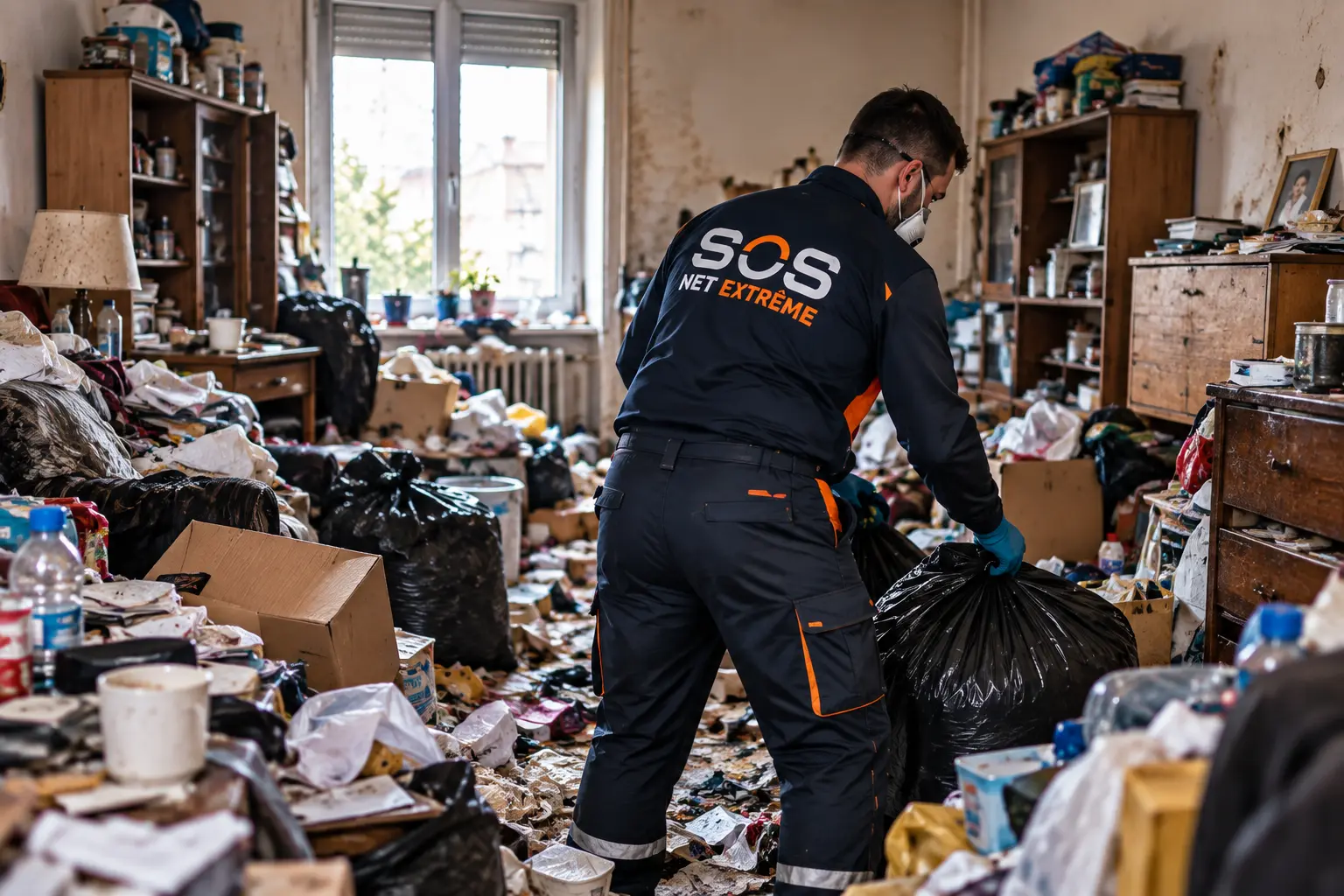 Agent SOS NET EXTRÊME lors du nettoyage d’un logement touché par le syndrome de Diogène