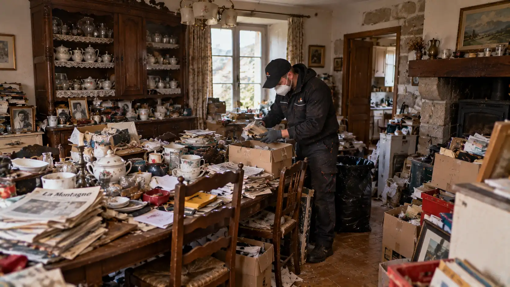 Nettoyage Diogène Cantal 15 avec tri et débarras d’une salle à manger encombrée